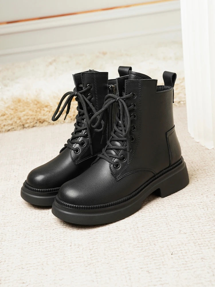 Damen Stiefeletten aus echtem Leder im Retro-Stil mit quadratischem Absatz