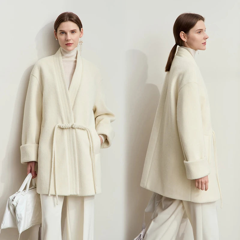 Damen Wollmantel im minimalistischen Neo-Chinesischen Stil mit V-Ausschnitt und Taschen