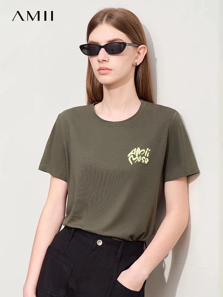 Damen T-Shirt im Minimalismus-Stil mit O-Ausschnitt und Stickerei