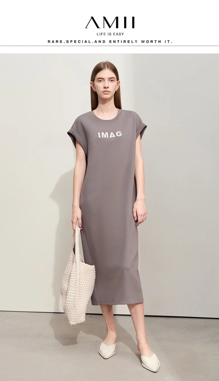 Damen Kleid für Sommer neue lässige O-Ausschnitt Kurzarm Midi gerade Perlen Stickerei Kleid Dame