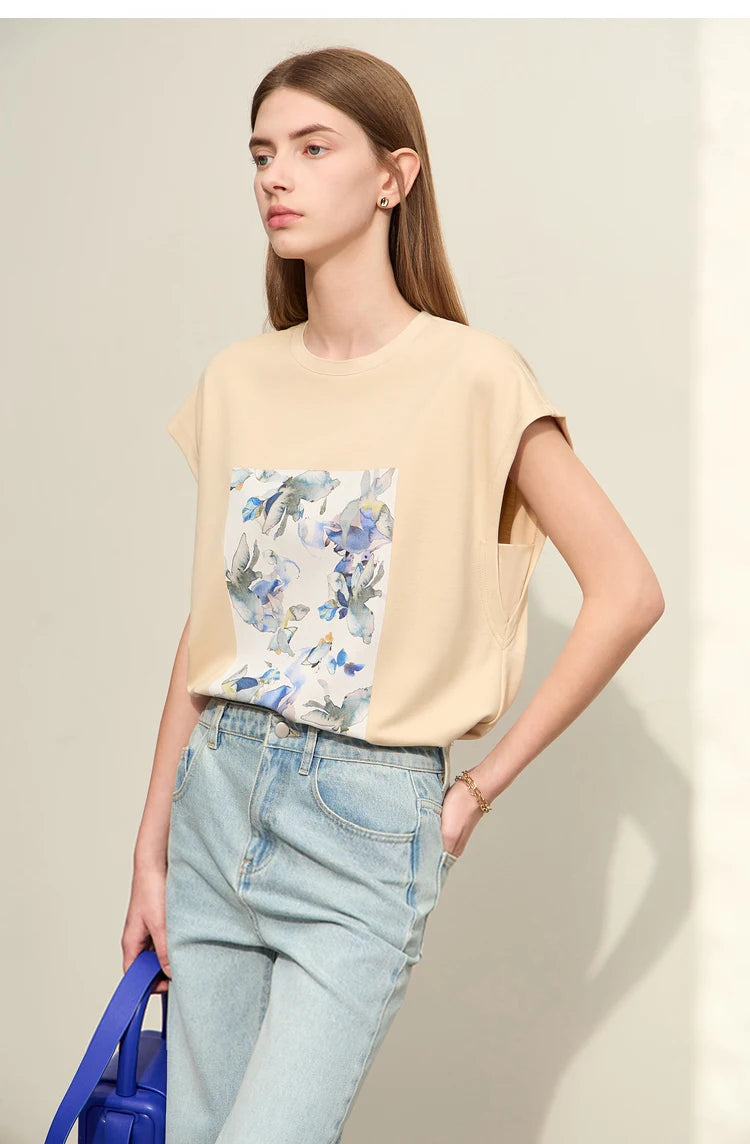Damen T-Shirts im Minimalismus-Stil mit lässigem O-Neck und Blumen-Druck