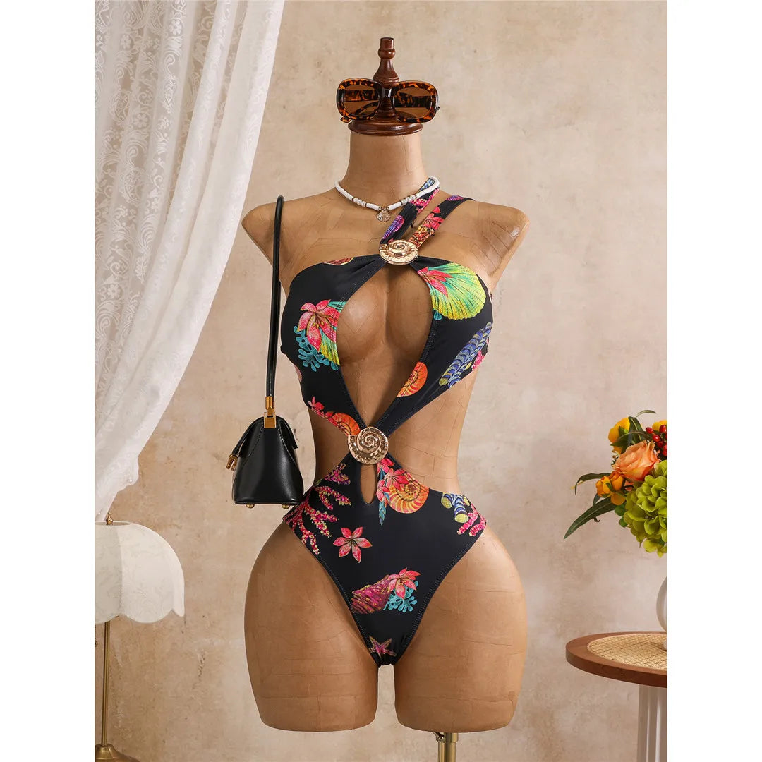 Damen Badeanzug Blumendruck One-Shoulder asymmetrisch Cut-Out Monokini gepolstert