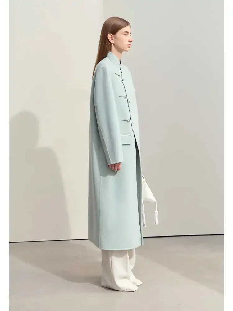 Damen Langer Mantel aus Wolle im minimalistischen chinesischen Stil mit Taschen
