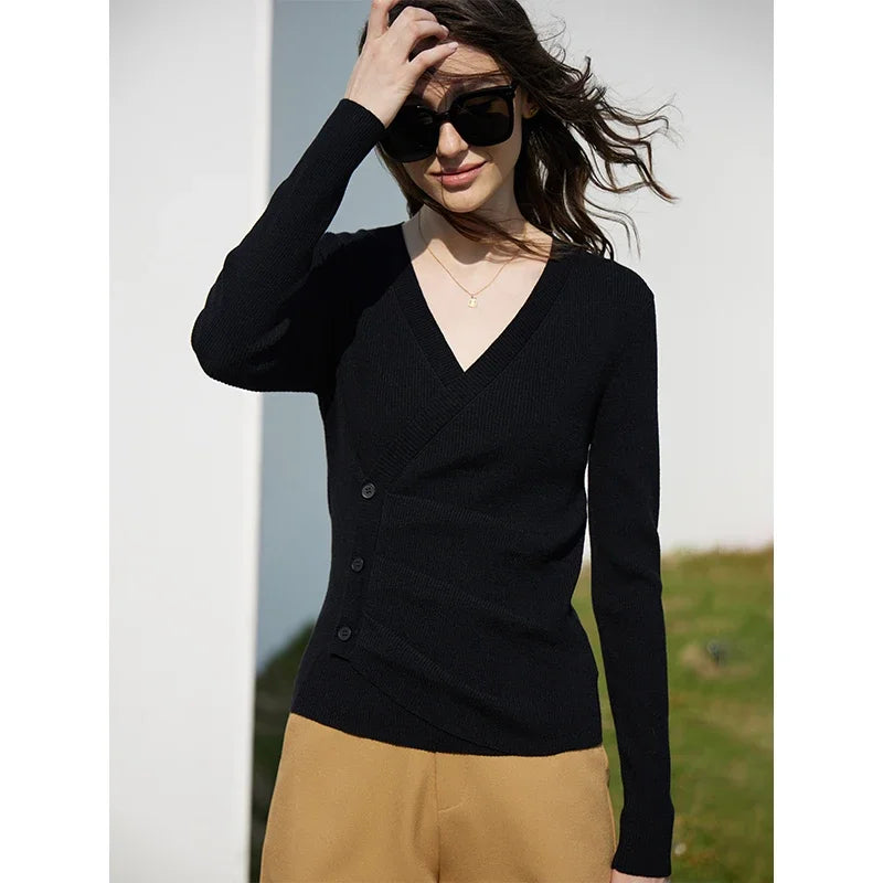 Damen V-Ausschnitt Pullover Kaschmir Slim Shirring Büro Frühling