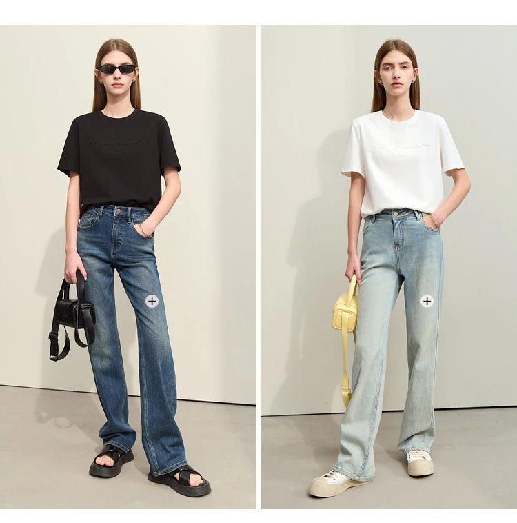 Damen T-Shirts im Minimalismus-Stil mit Kurzarm und Buchstaben-Stickerei