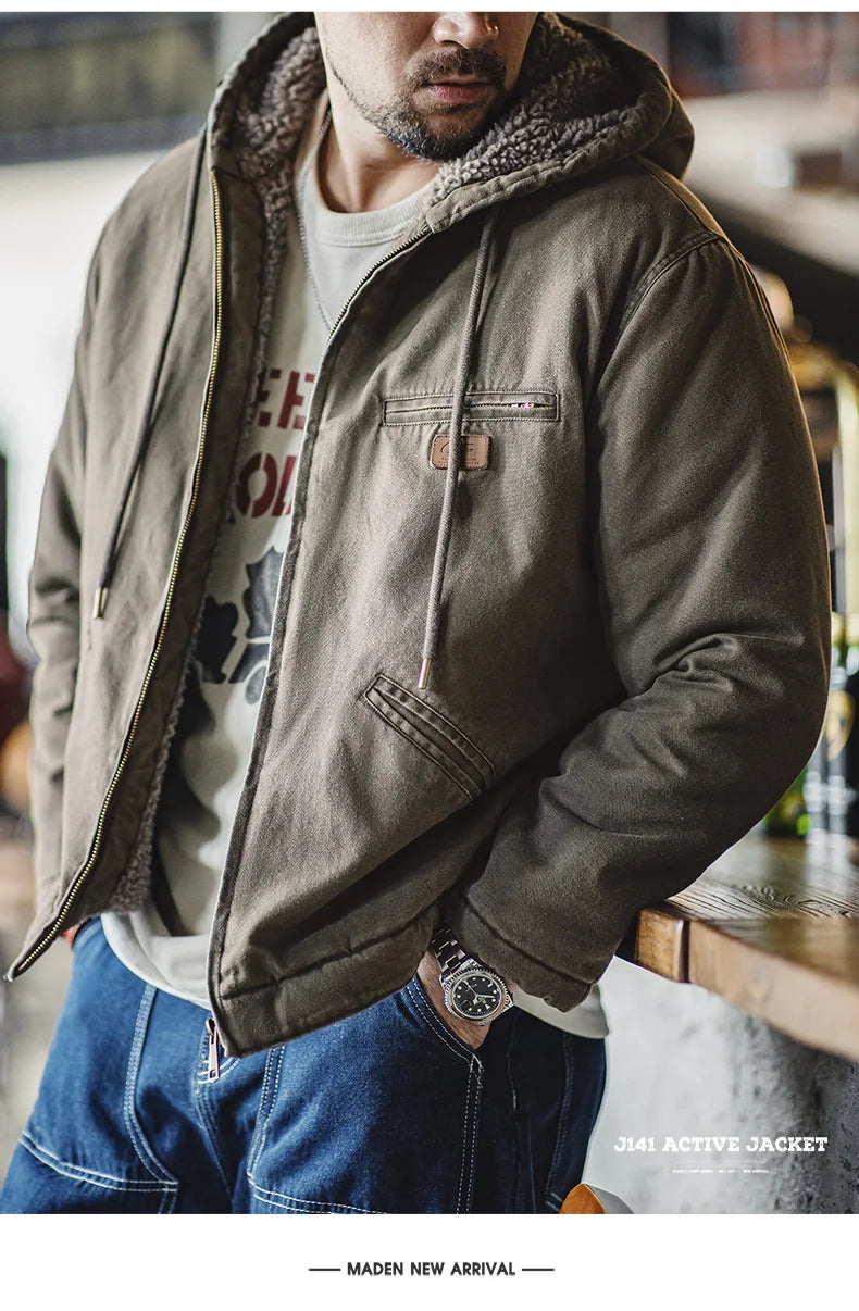 Herren Kapuzenjacke Einfarbig Sherpa-Fleece Baumwolle Taschen