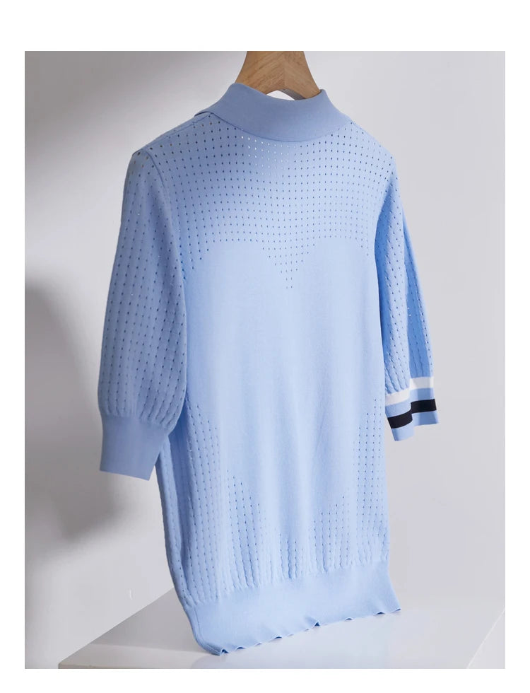 Damen Pullover im Minimalismus-Stil mit Polo-Ausschnitt und Kontrastfarben