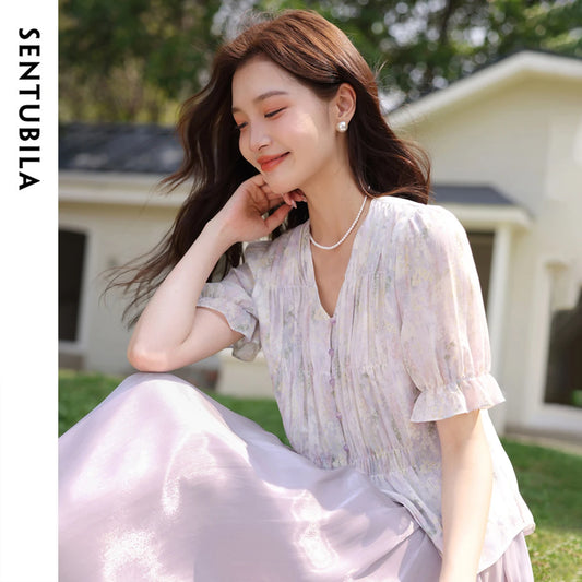 Damen-Lyocell-Bluse mit Reverskragen und Druckmuster – Einreihig und Komfortabel für Frühling und Sommer