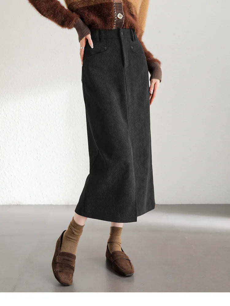 Damen Midi Cord-Rock mit Schlitz am Saum für elegante Büro-Outfits
