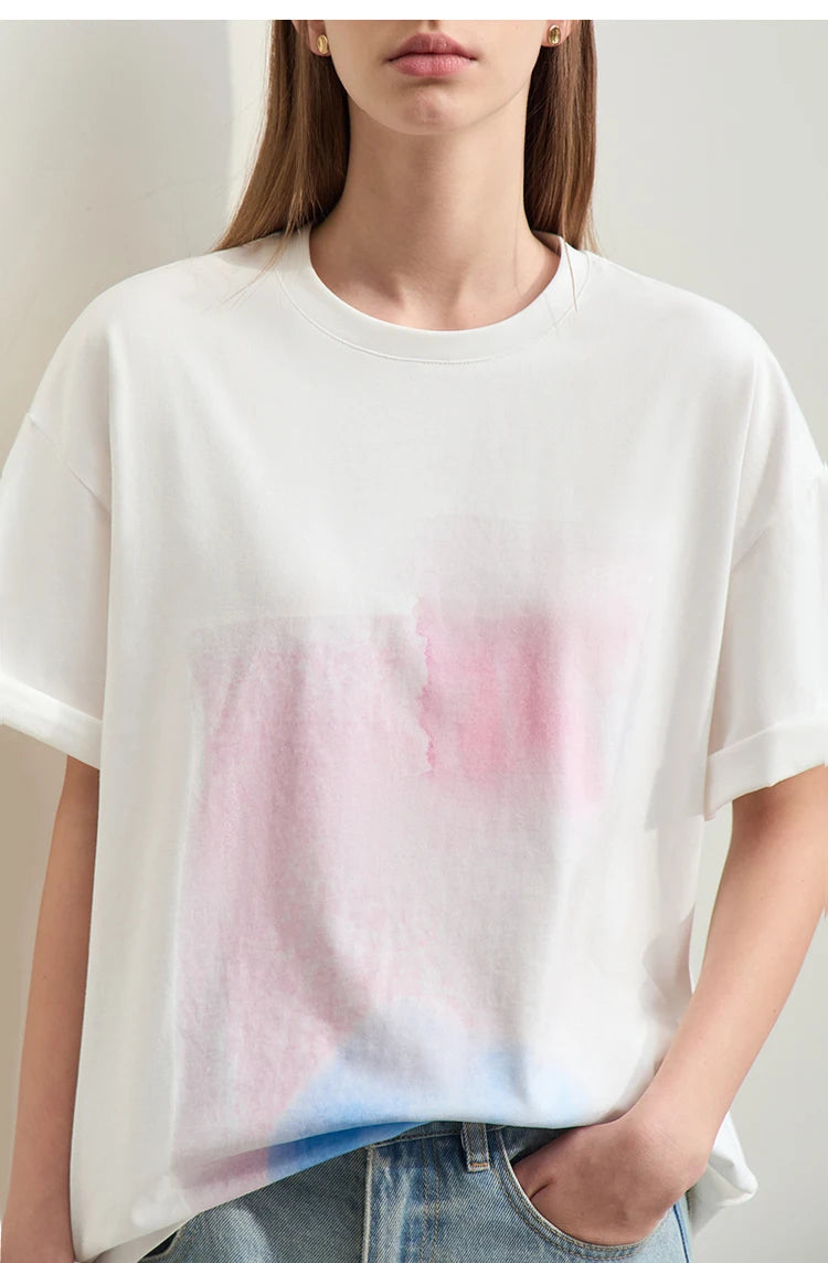 Damen T-Shirts im Minimalismus-Stil mit abstraktem Druck aus Baumwolle