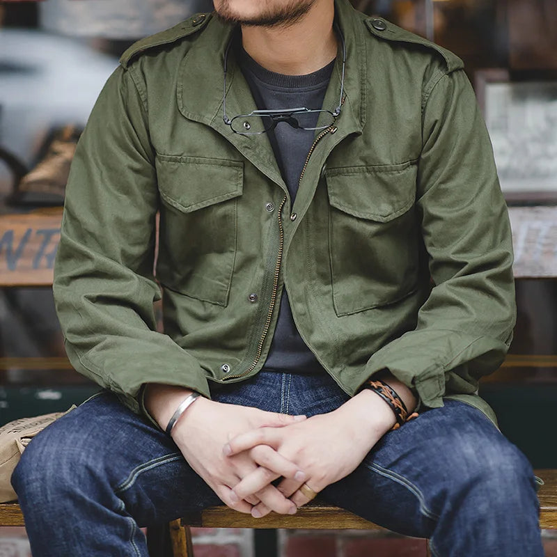 Herren Feldjacke Grüne Vintage-Armeejacke Lässige Windjacke Reverskragen Taschen Mantel