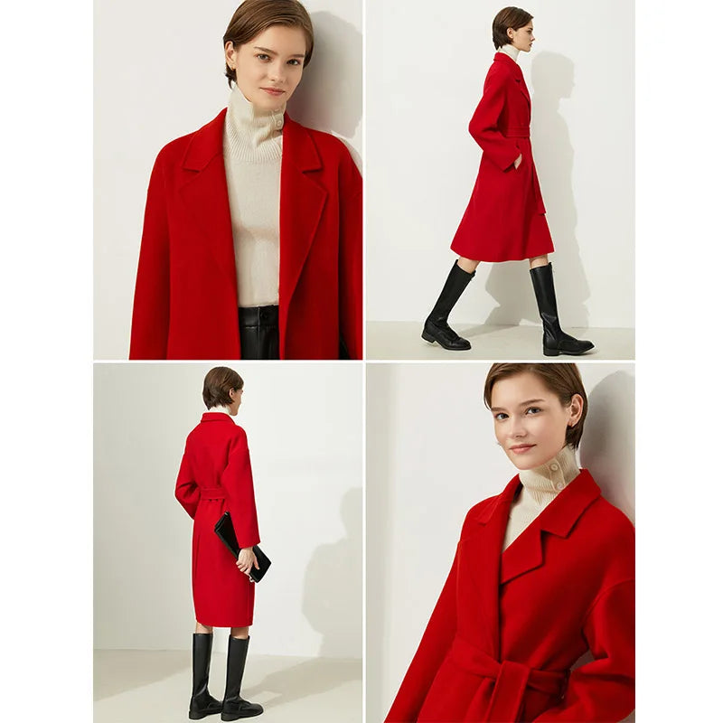 Damen Wollmantel im minimalistischen Stil mit elegantem doppelseitigen Gürtel