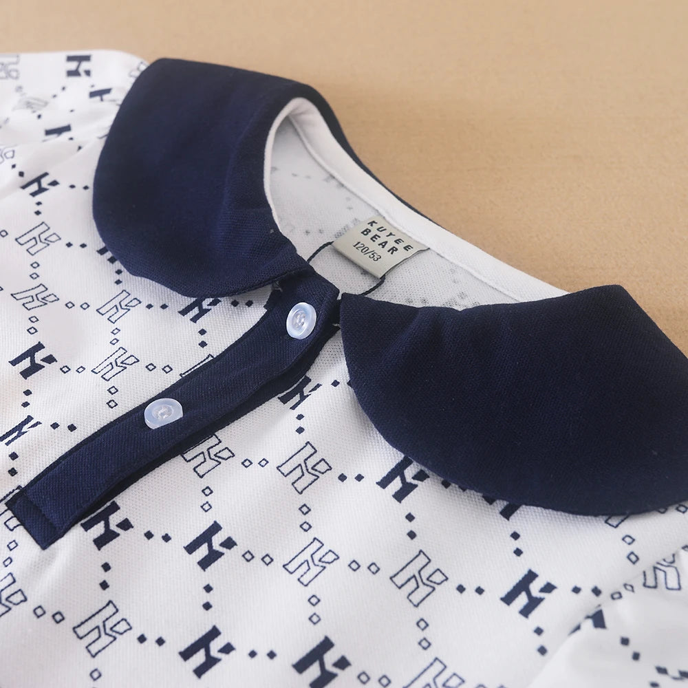 Bedrucktes Polokleid für Mädchen mit marineblauem Kragen, kurzärmliges A-Linien-Kleid mit Monogramm-Muster, weiße Sommerkleider für Kinder
