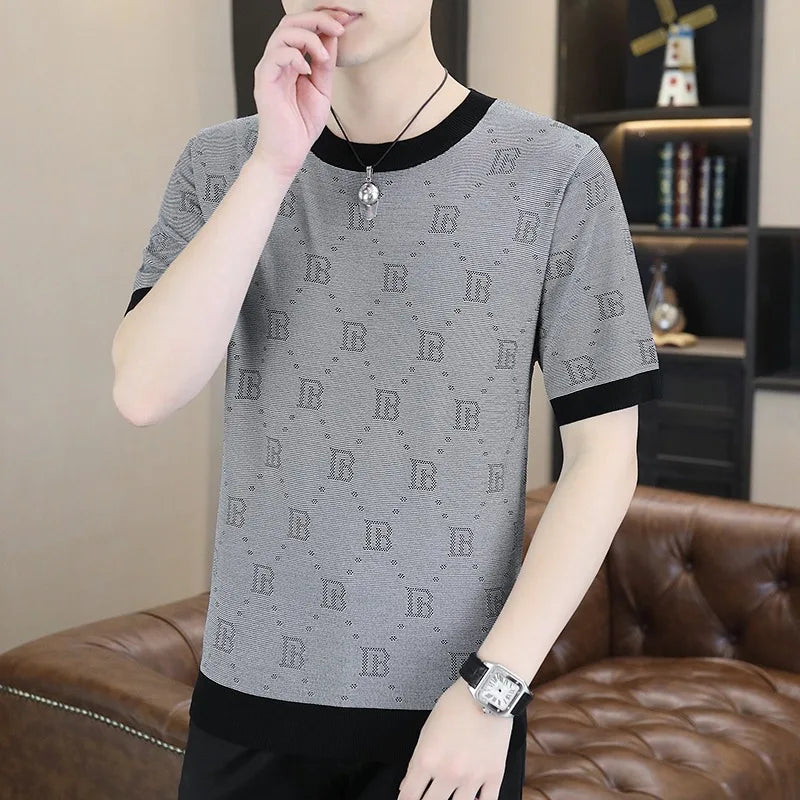 Herren Kurzarm T-Shirt aus Jacquard gestricktem Material im Retro-Stil für Sommer