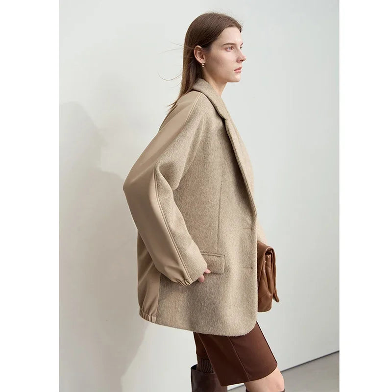 Damen Wollmantel im Minimalismus-Stil mit Knopf und verstärkter Dekoration