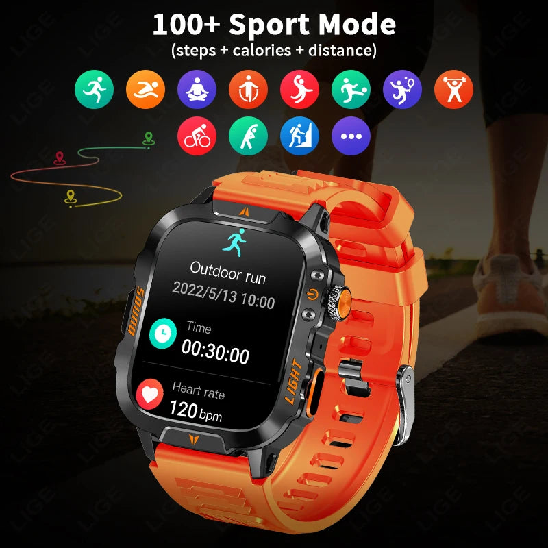 LIGE Neue LED Taschenlampe Outdoor Smart Uhr 420 mAh Batterie Wasserdicht 100 + Sport Herzfrequenz Sprachanruf 1,96 "HD Smartwatch Männer
