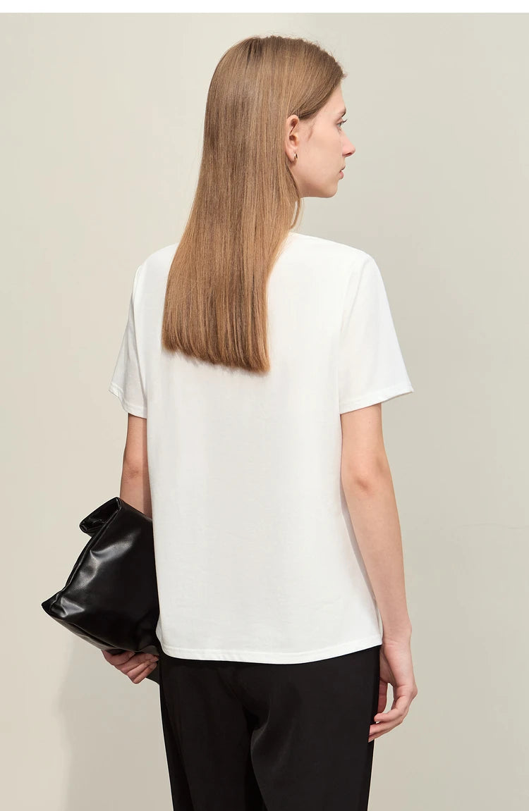 Damen Kurzarm-T-Shirt im minimalistischen Stil mit O-Ausschnitt und Stickerei