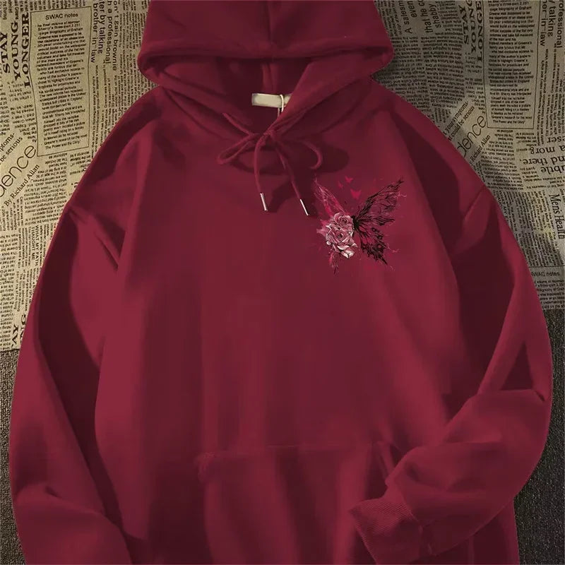 Herren Hoodie mit kreativer Schmetterling Rose Grafik im Hip Hop Stil