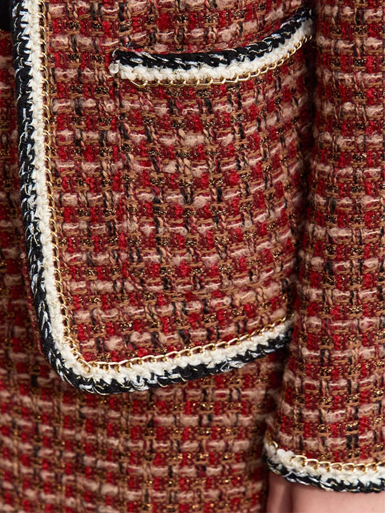 Damen Tweed Mantel im minimalistischen Stil mit Taschen und elegantem O-Neck