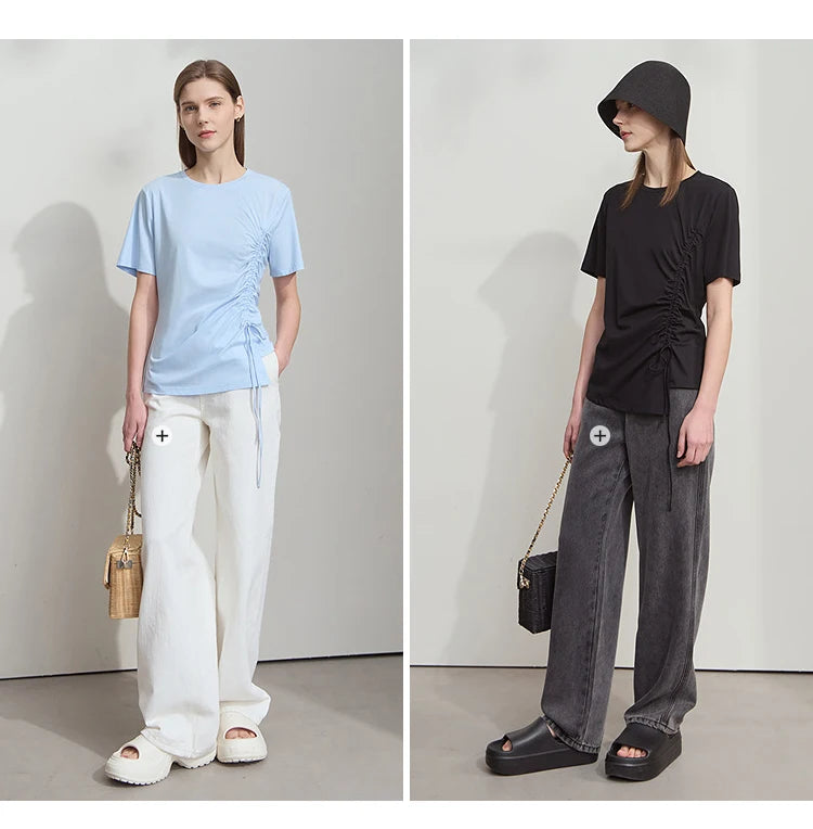 Damen Sommer T-Shirt mit Rundhals und Kordelzug in lässiger Form