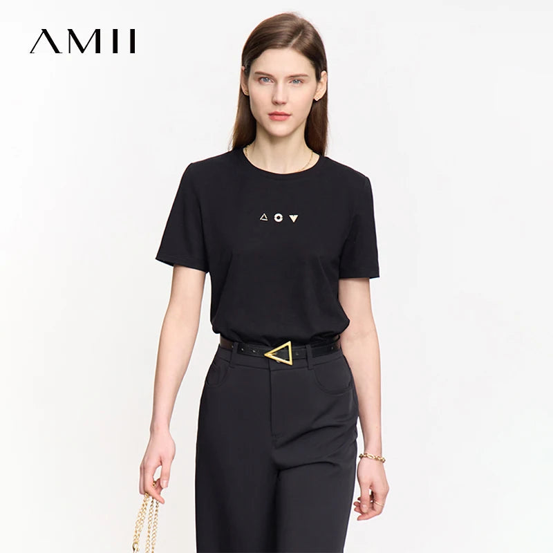 Damen T-Shirt mit O-Ausschnitt und geometrischer Dekoration aus antibakterieller Baumwolle