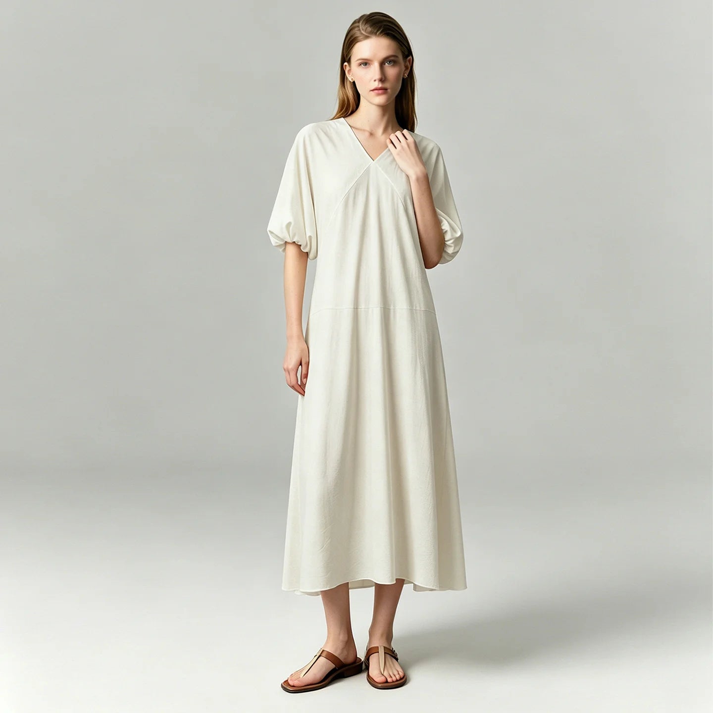 Elegantes Damenmaxikleid Mit V-Ausschnitt Puffärmel Urlaub