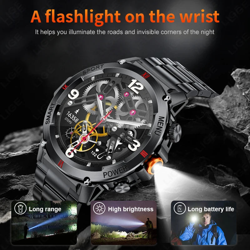 LIGE 2024 Neue Smart Uhr Für Android IOS Herz Rate Gesundheit Monitor Bluetooth Anruf Fitness Männer Smart Uhr Mit LED Taschenlampe