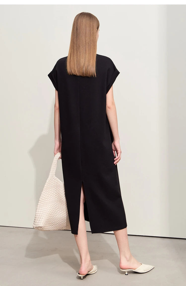 Damen Kleid für Sommer neue lässige O-Ausschnitt Kurzarm Midi gerade Perlen Stickerei Kleid Dame