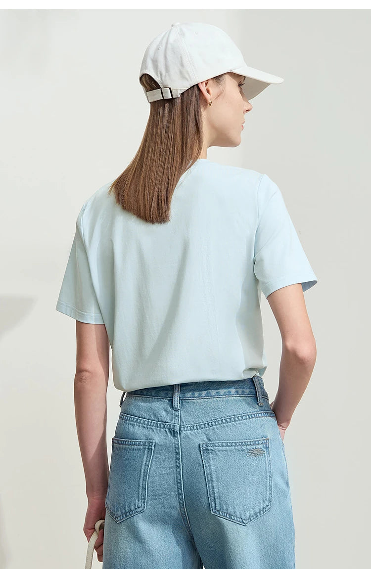 Damen T-Shirt mit O-Ausschnitt und geometrischer Dekoration aus antibakterieller Baumwolle