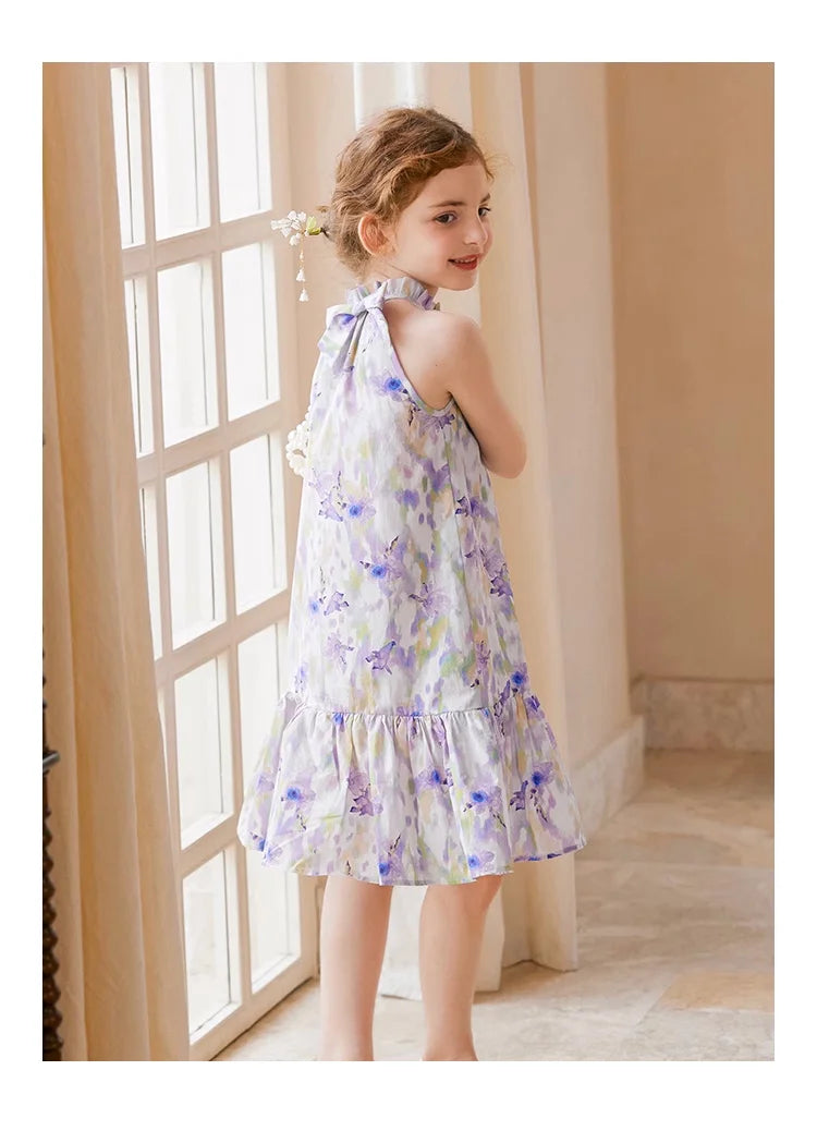 Sommerliches Mädchenkleid aus 100% Baumwolle mit kurzen Ärmeln und Tulpenblumenmuster – niedliche Freizeitkleidung für Kinder von 3 bis 14 Jahren