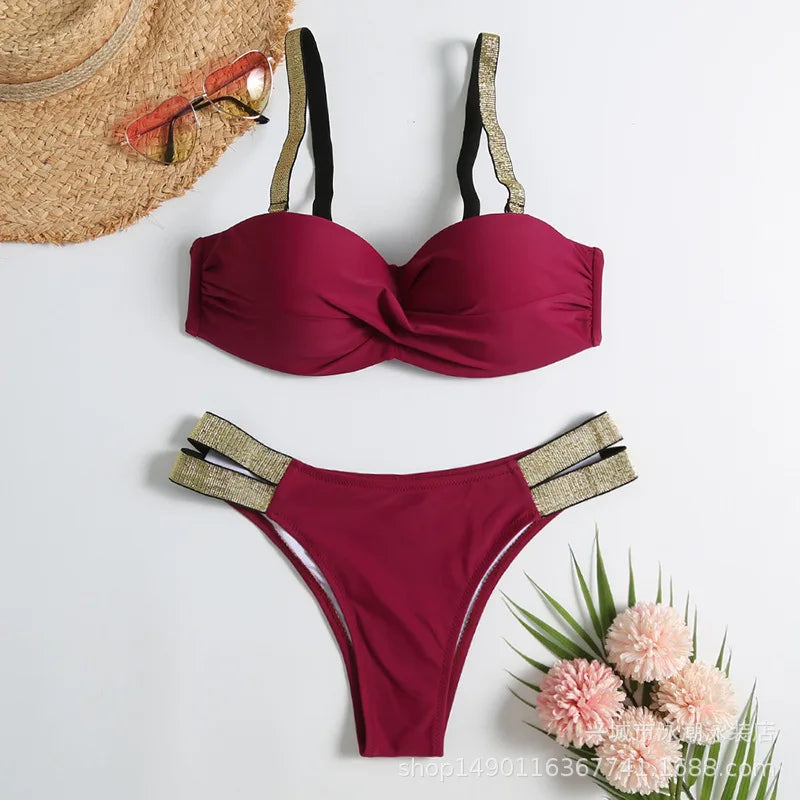 Sexy Bikini-Set in Rosenrot mit Strasssteinen – Push-Up-Badeanzug für Damen am Strand oder Pool