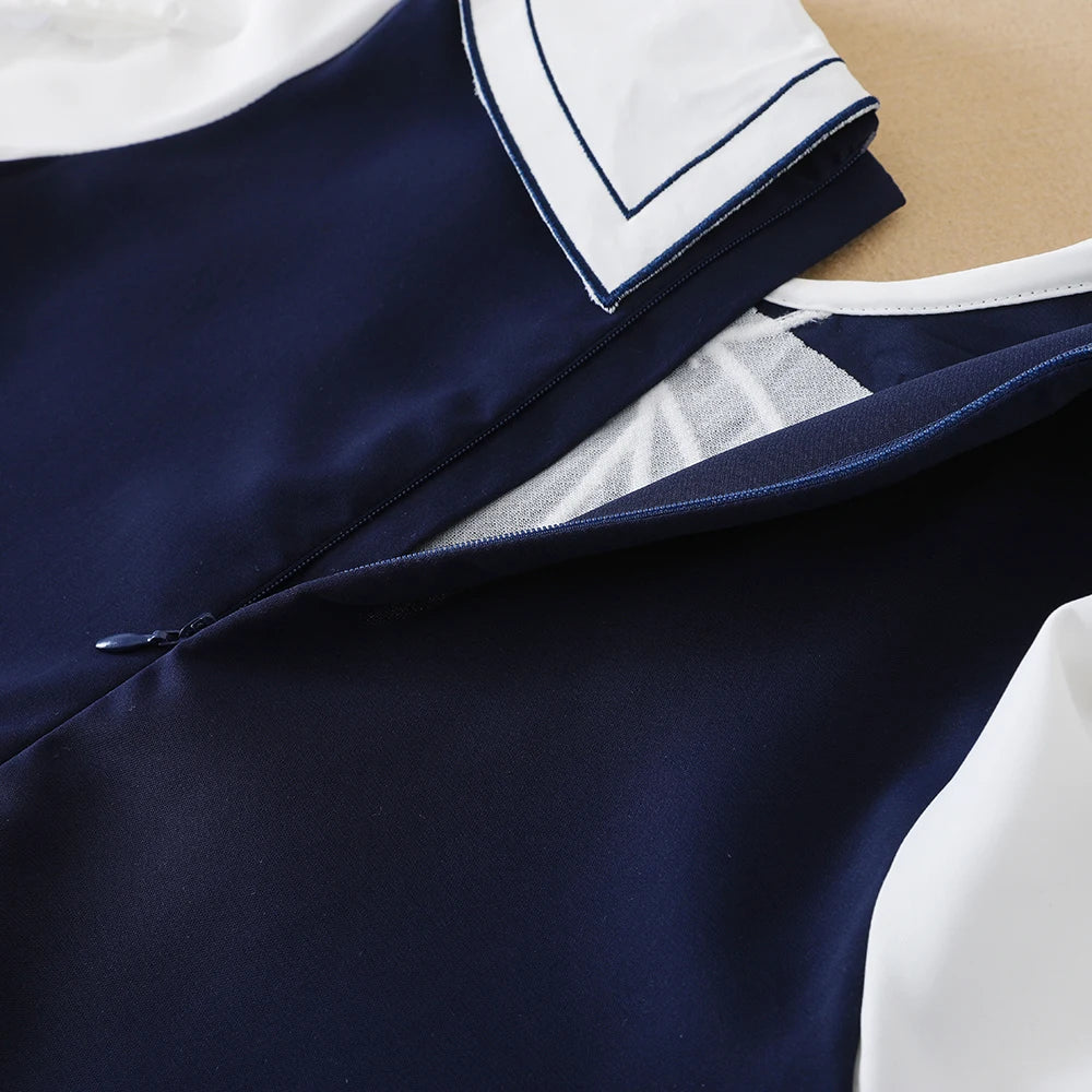 Marineblaues Mädchenkleid mit weißem Kragen und Schleife, kurzärmliges, plissiertes Kleid im Schulstil, Kinderkleidung für 5–12 Jahre