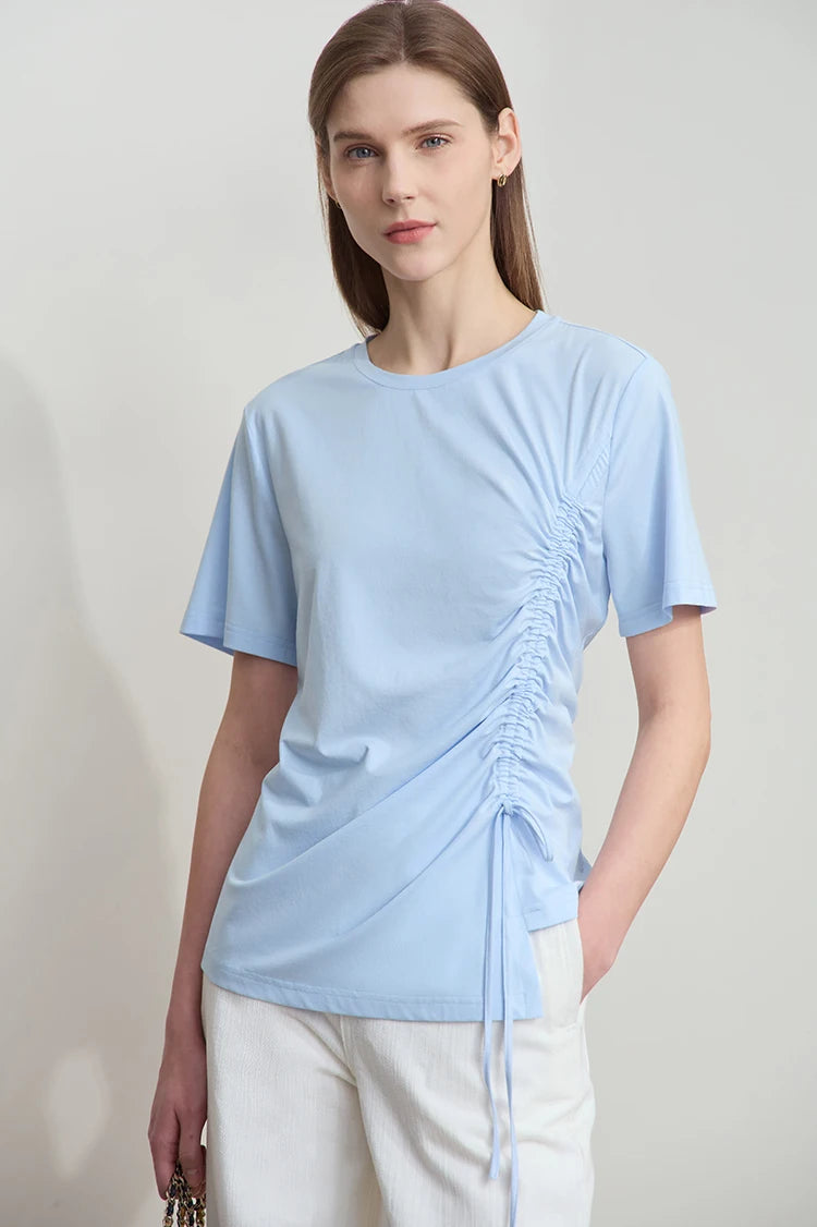 Damen Sommer T-Shirt mit Rundhals und Kordelzug in lässiger Form