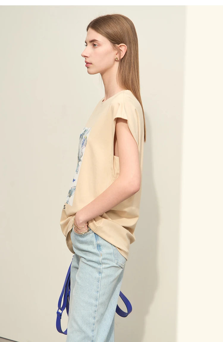Damen T-Shirts im Minimalismus-Stil mit lässigem O-Neck und Blumen-Druck