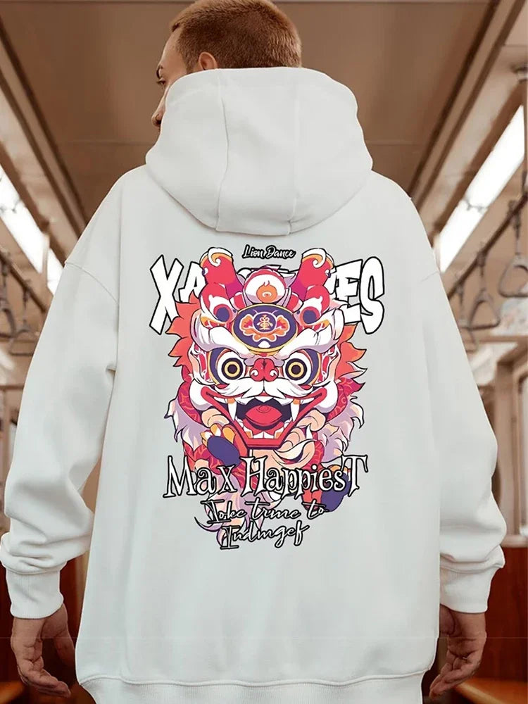 Winter Herren Lion Dance Grafik Pullover Hoodies Y2K Streetwear Fleece Mit Kapuze Sweatshirt Hip Hop Mode Übergroße Hoody Kleidung
