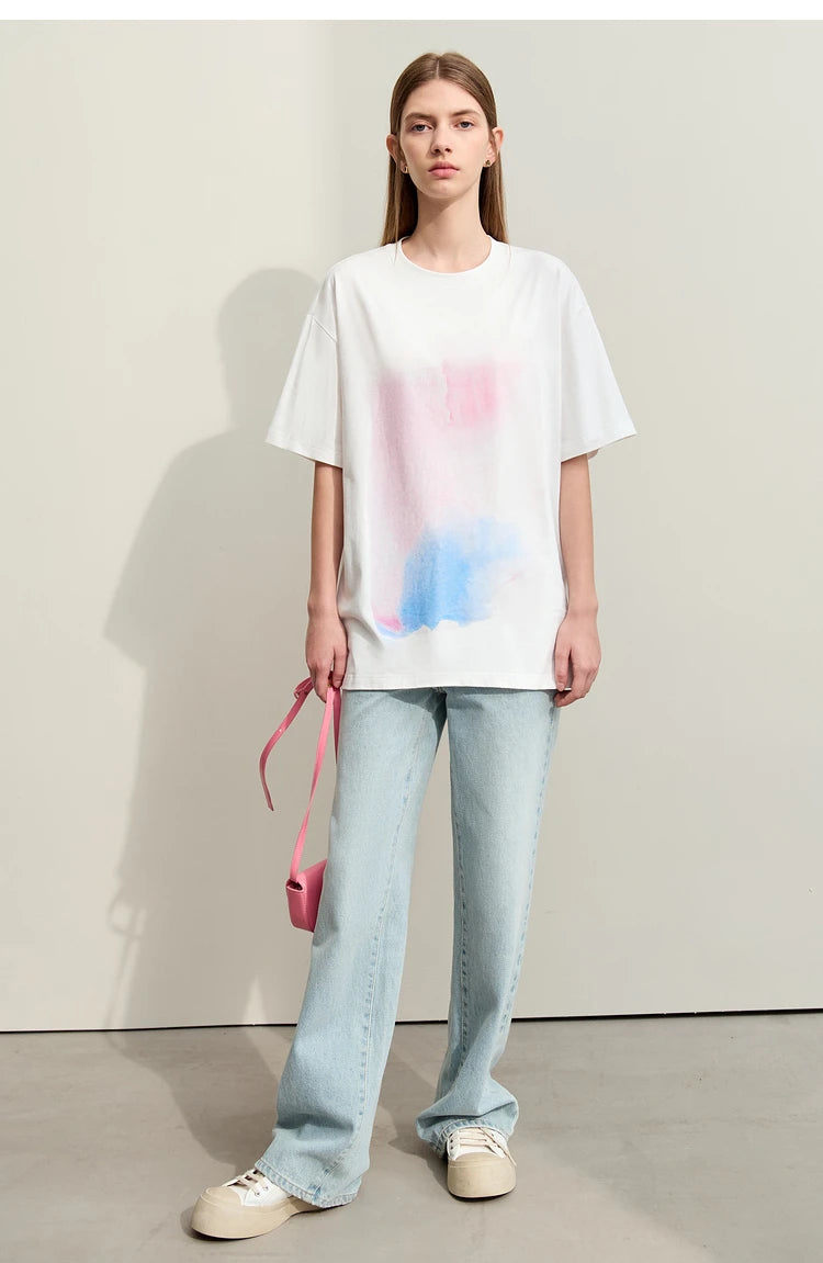 Damen T-Shirts im Minimalismus-Stil mit abstraktem Druck aus Baumwolle