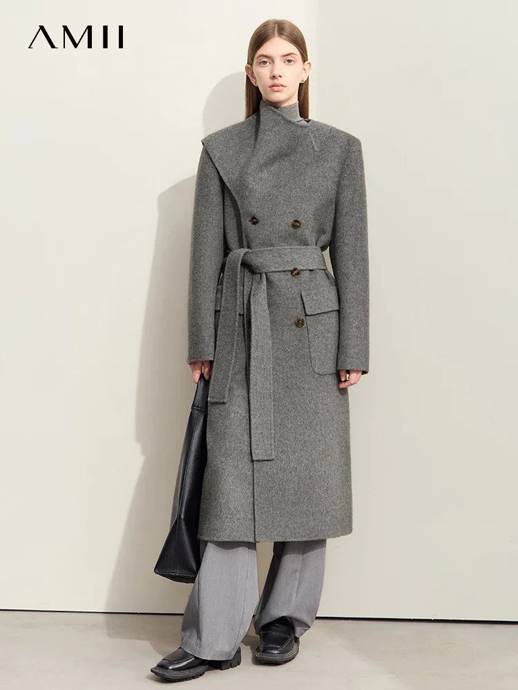 Damen Doppelseitiger Wollmantel mit asymmetrischem Schalkragen und Gürtel