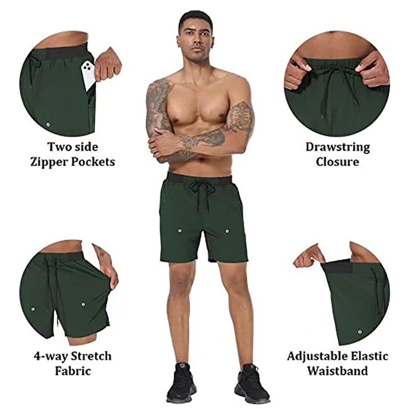 Sommerliche Herren-Badeshorts mit Camouflage-Streifen, schnelltrocknend, mit Reißverschlusstaschen und Mesh-Futter – ideal für Strand und Surfen.