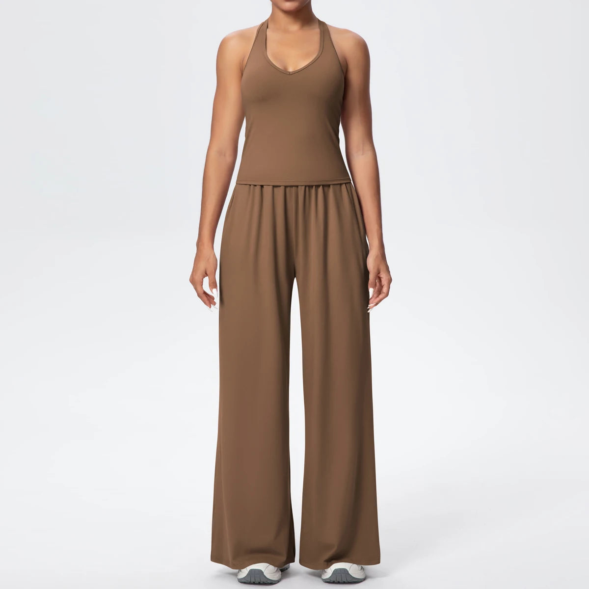 Damen-Yoga-Set: Tanktop und weite Hose, braun, mit gerafftem Bund