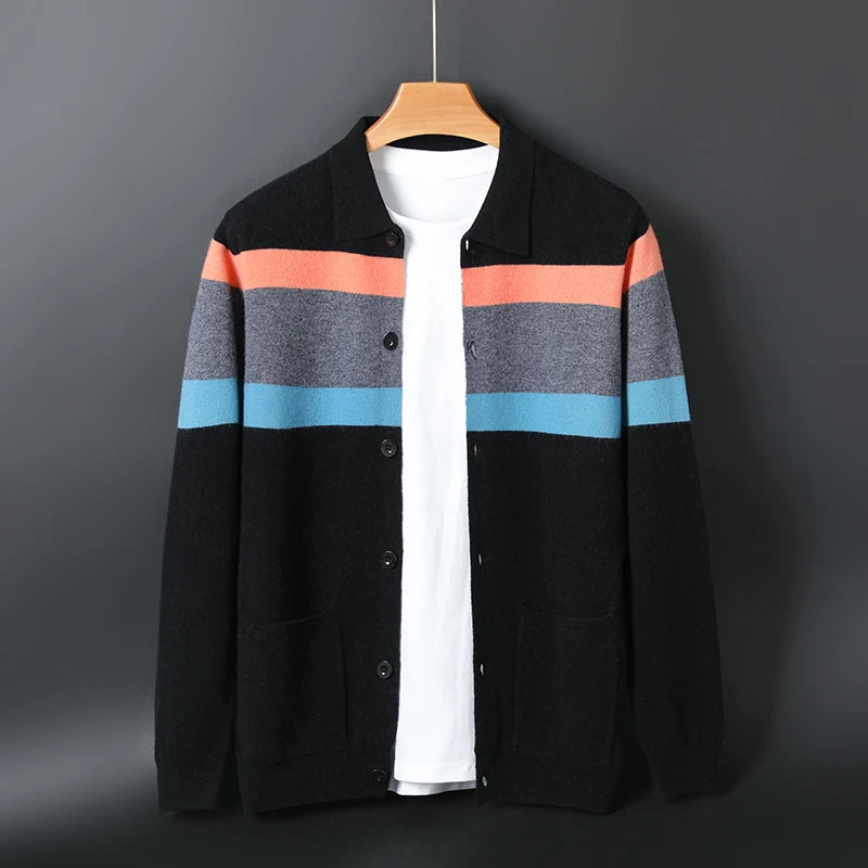 2024 neue Mode Wolle Strickjacke Mantel Top Herren Revers Business Casual Strickpullover Trend Hot Frühling und Herbst gestreift Langarm