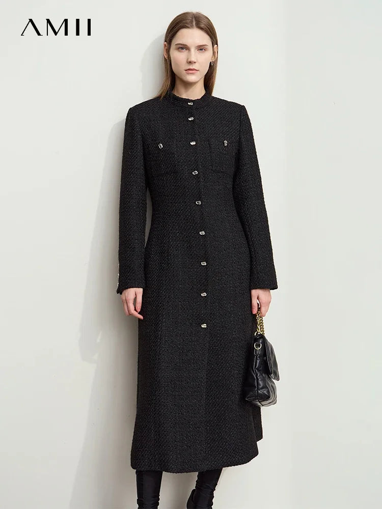 Damen Tweed-Wollmantel mit elegantem Stehkragen und Metallknopf für den Winter
