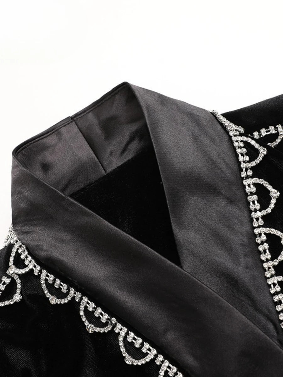 Elegantes Damen-Zweiteiler-Set mit V-Ausschnitt, langen Ärmeln und Perlenverzierung – Patchwork-Top mit Knöpfen und hoch taillierte Hose