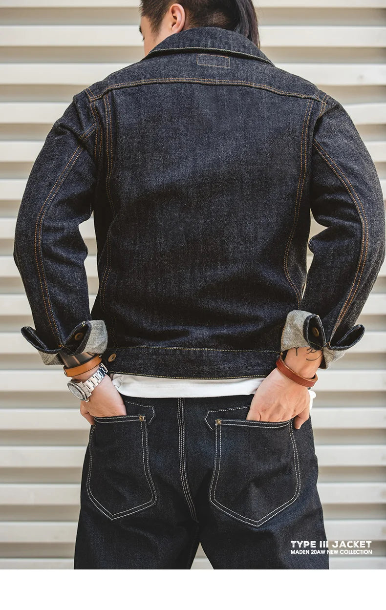 Herren Jeansjacke Vintage 14,8 Unzen Denim Klassisch Slim Fit Mantel