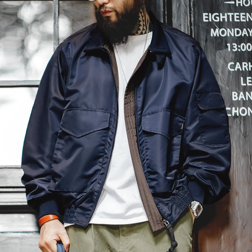 Herren Fliegerjacke Vintage Marineblau Bomberjacke Turn-Down Kragen Mäntel