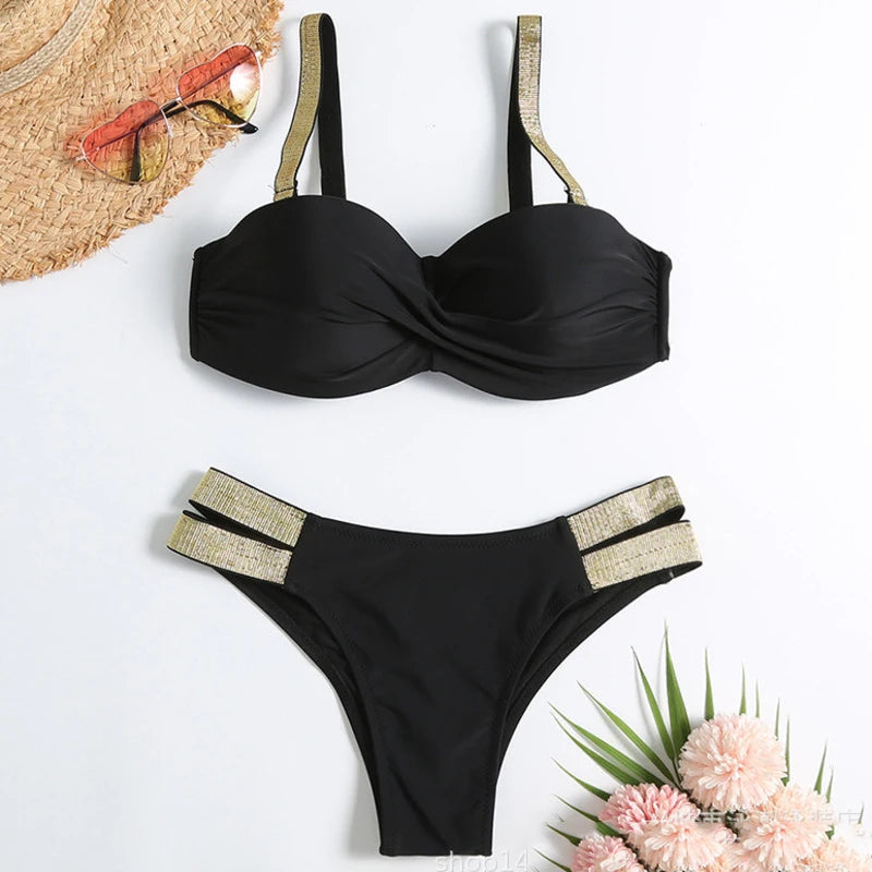 Sexy Bikini-Set in Rosenrot mit Strasssteinen – Push-Up-Badeanzug für Damen am Strand oder Pool