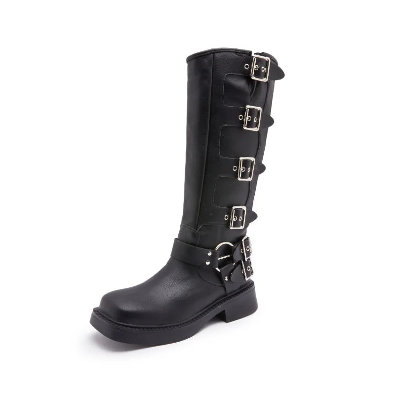 AIYUQI Western Cowboy Boots Women Vintage New Genuine Leather Knight Boots Women Square Toe High Boots Buckle Boots Women