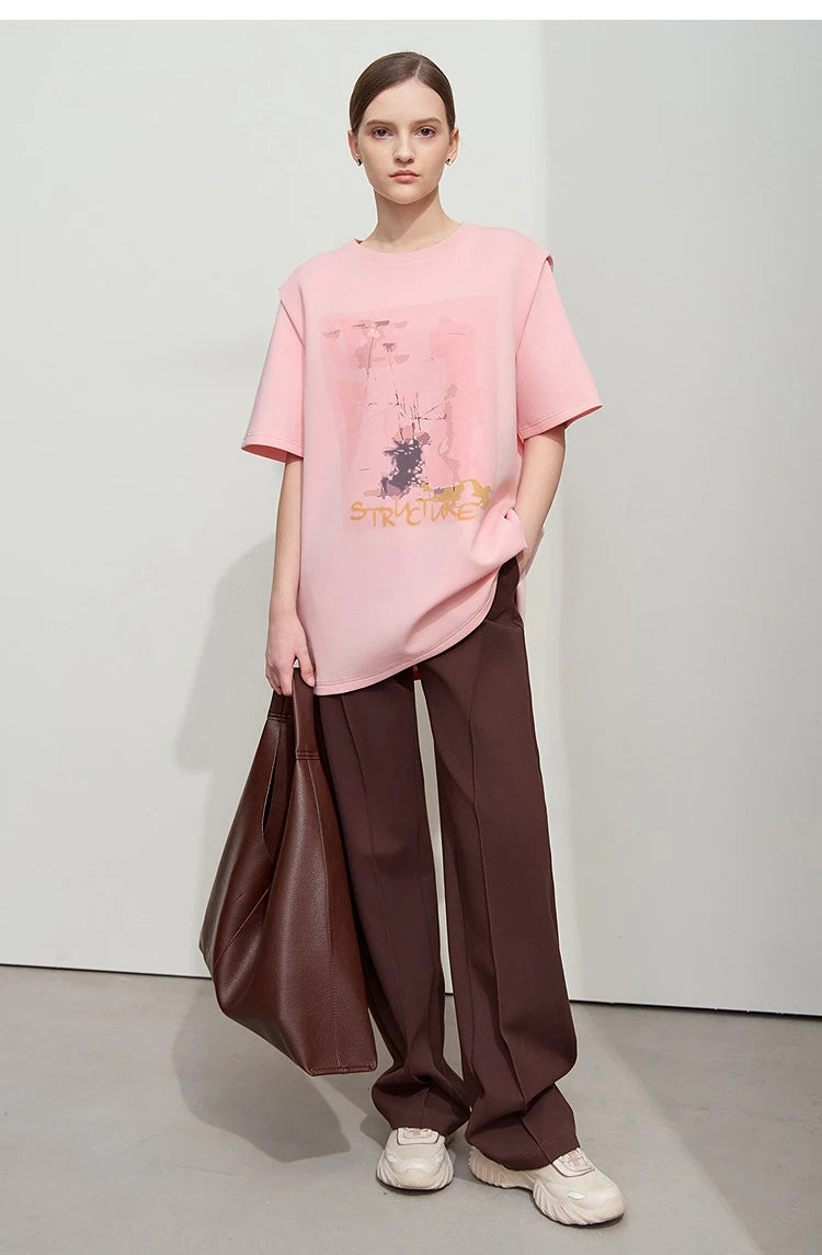 Damen T-Shirt im minimalistischen Stil mit lässigem O-Ausschnitt und Kunstdruck