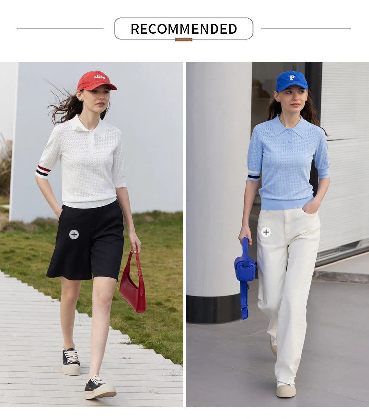 Damen Pullover im Minimalismus-Stil mit Polo-Ausschnitt und Kontrastfarben