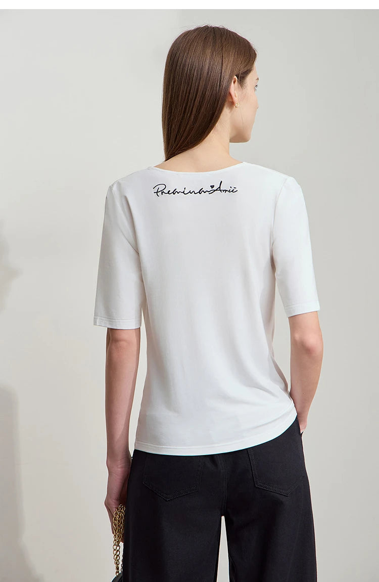 Damen T-Shirt mit drapierter Kragen- und besticktem Design aus modalem Strick