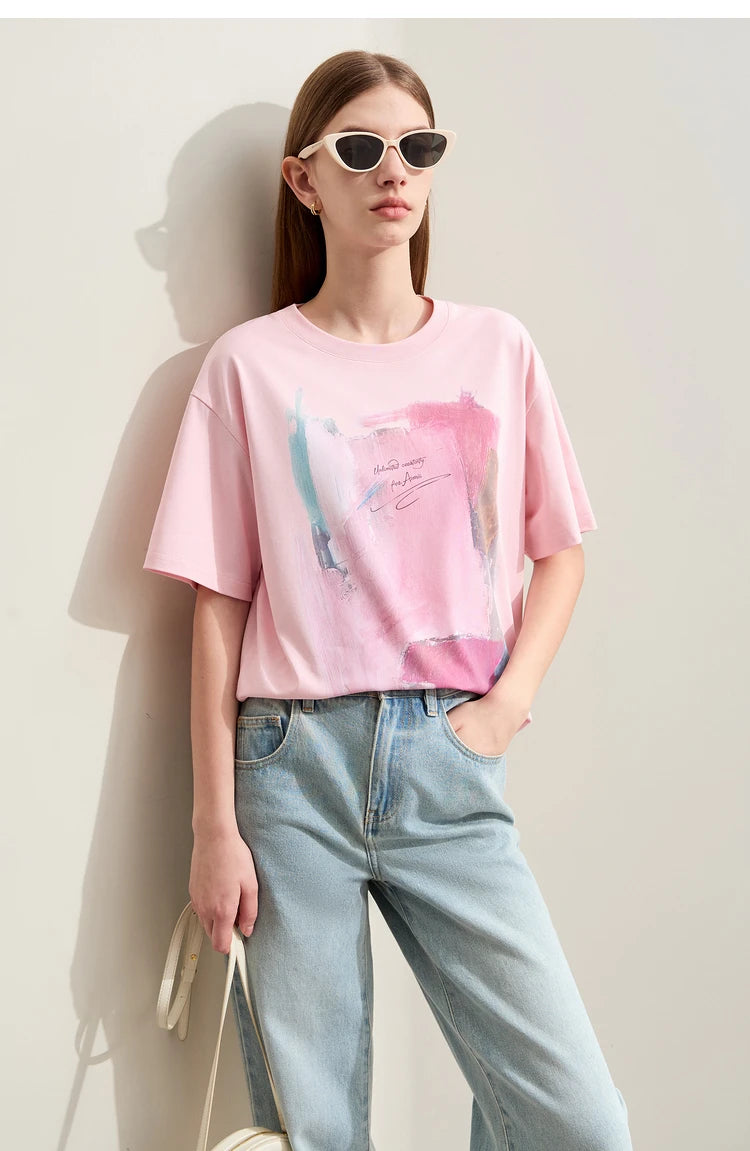 Damen T-Shirts im minimalistischen Stil mit abstraktem Druck für den Sommer
